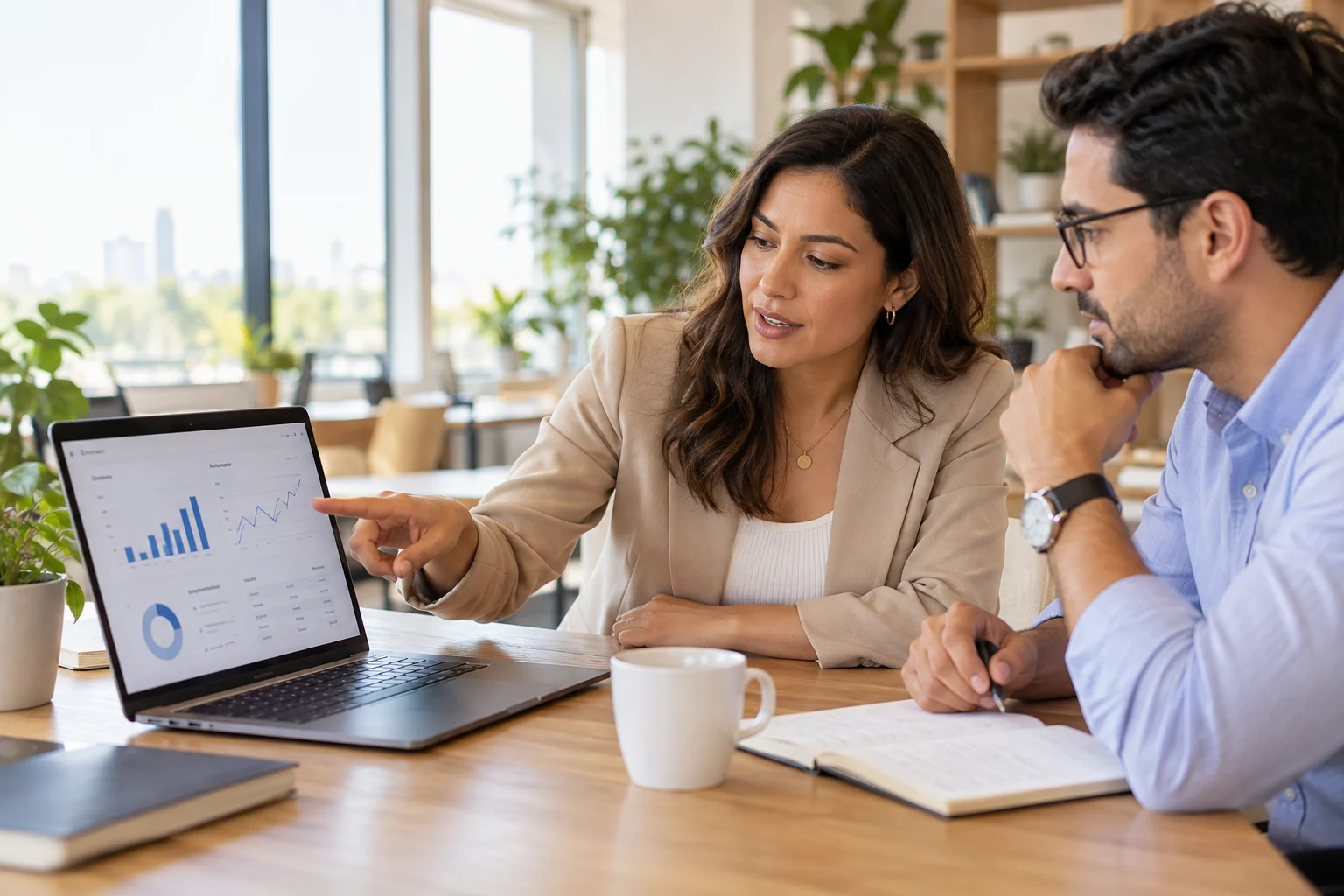 Profesionales revisando información financiera en una laptop